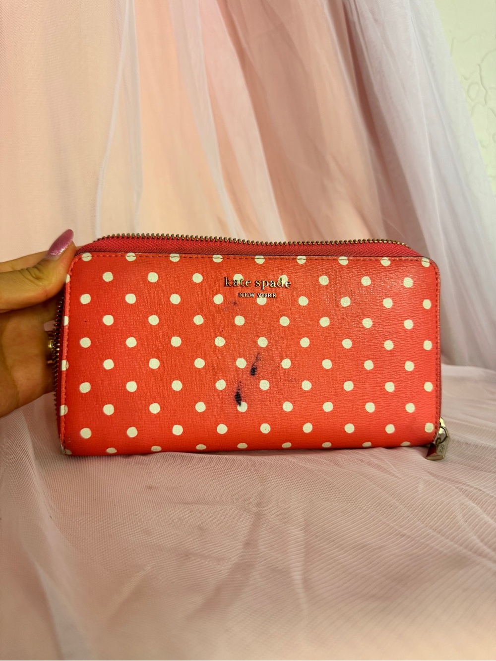 👛Rare Kate Spade New York Coral & White Polka Dot Zip-Around Wallet